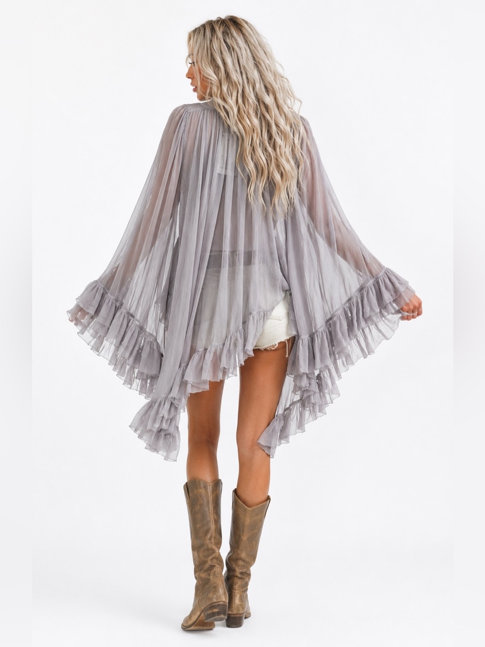 Free People Full Sleeve Frill Top Gray Dawn Light Grey Sheer Ruffle Festival SZM - Picture 2 of 7